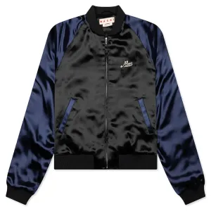 Black Satin Bomber with Beaded Logo - Black
