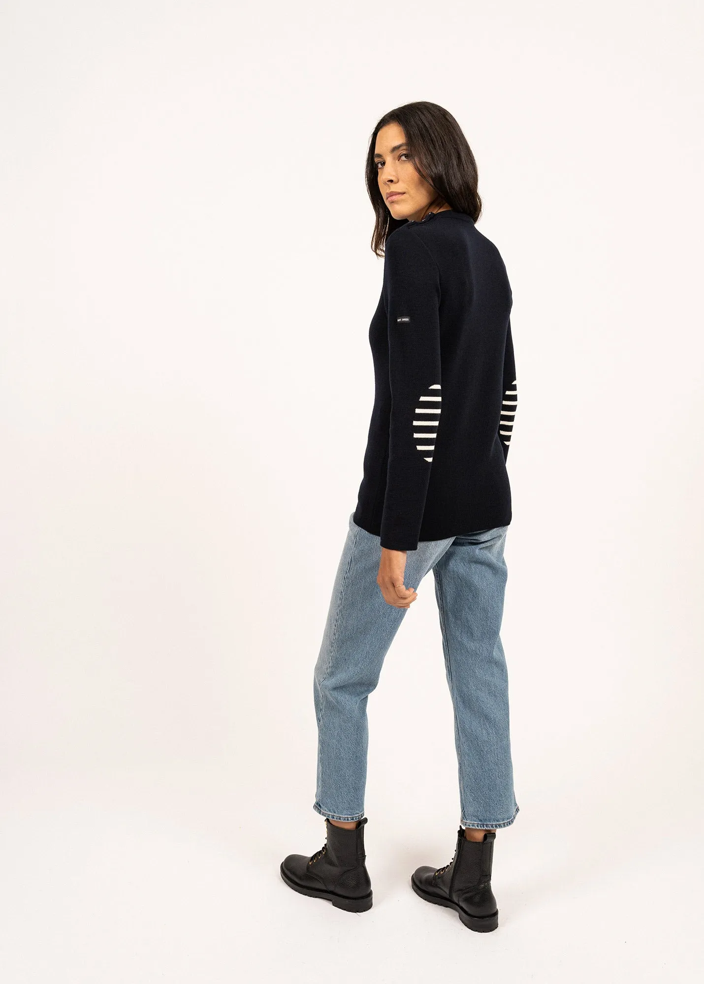 BREGANCON - Breton Sweater with Jacquard Elbow Patch for Women (NAVY)