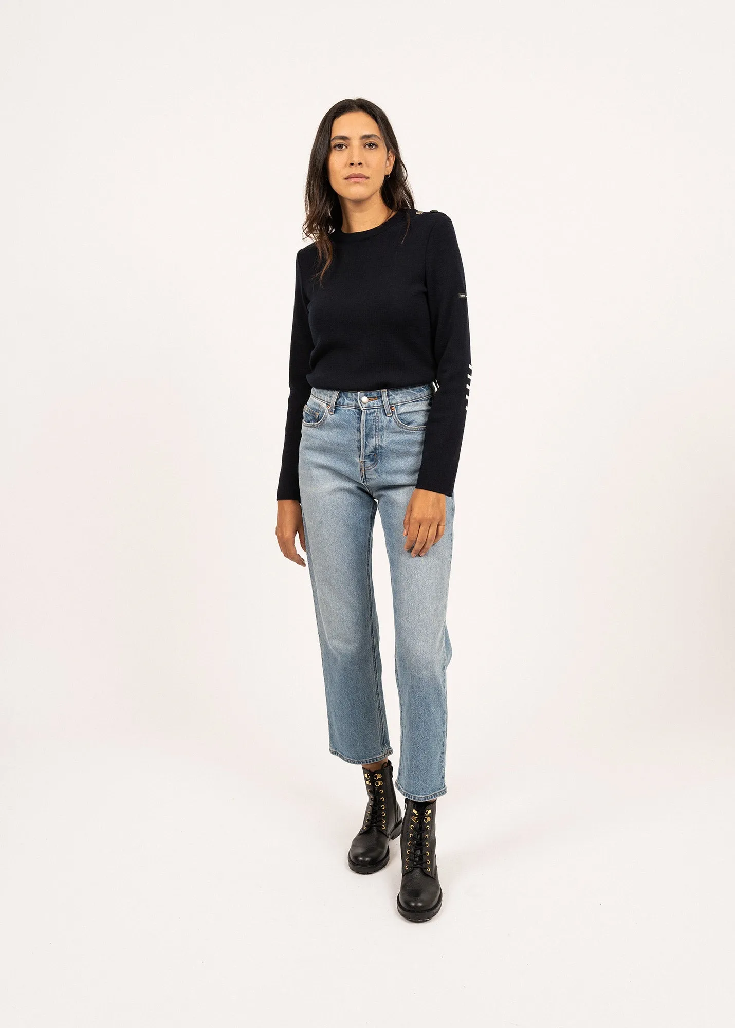 BREGANCON - Breton Sweater with Jacquard Elbow Patch for Women (NAVY)