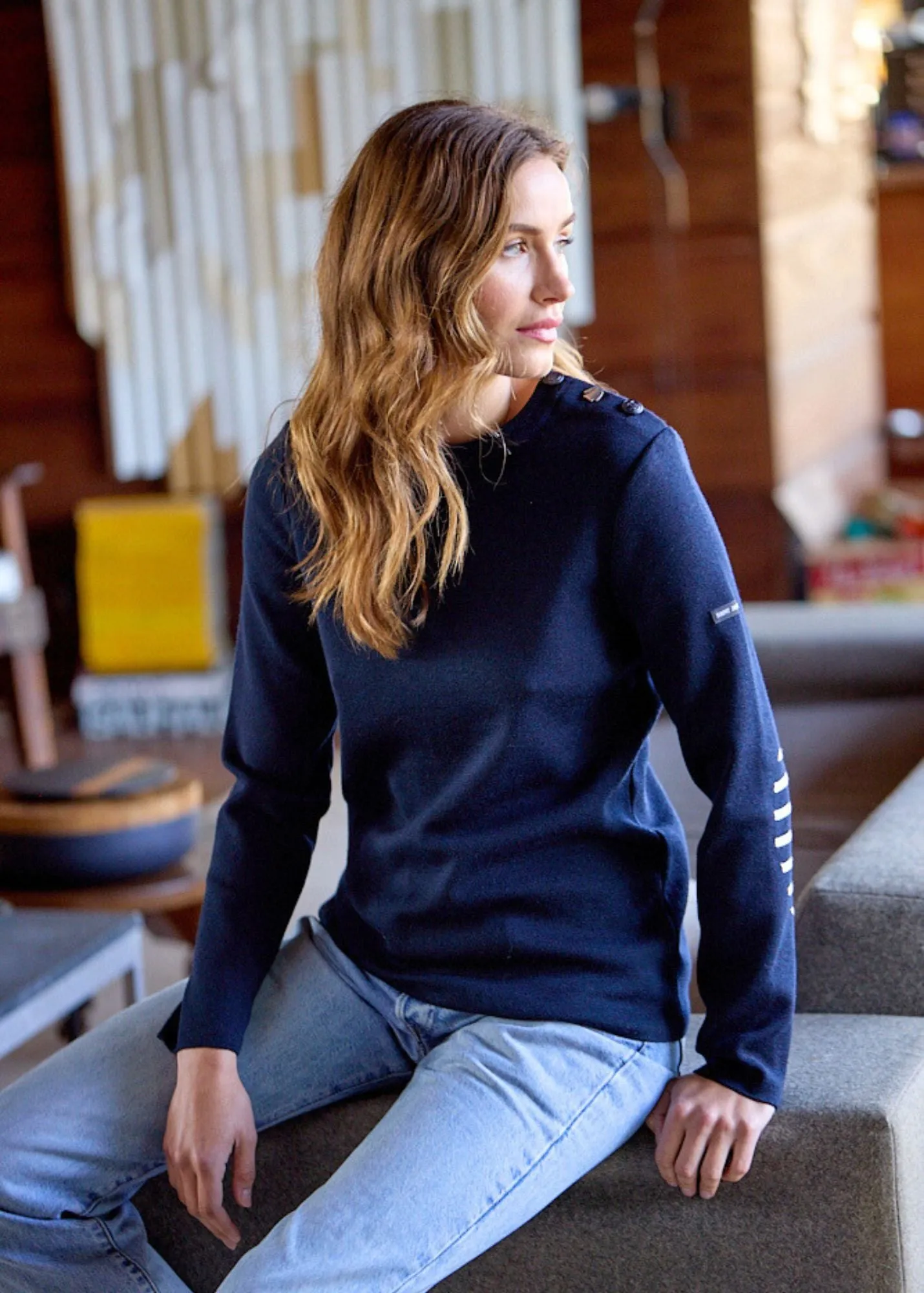 BREGANCON - Breton Sweater with Jacquard Elbow Patch for Women (NAVY)