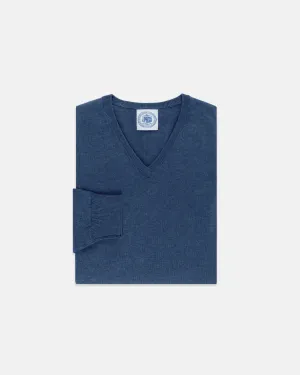 INDIGO COTTON/CASHMERE V-NECK SWEATER