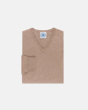 LIGHT BROWN COTTON/CASHMERE V-NECK SWEATER