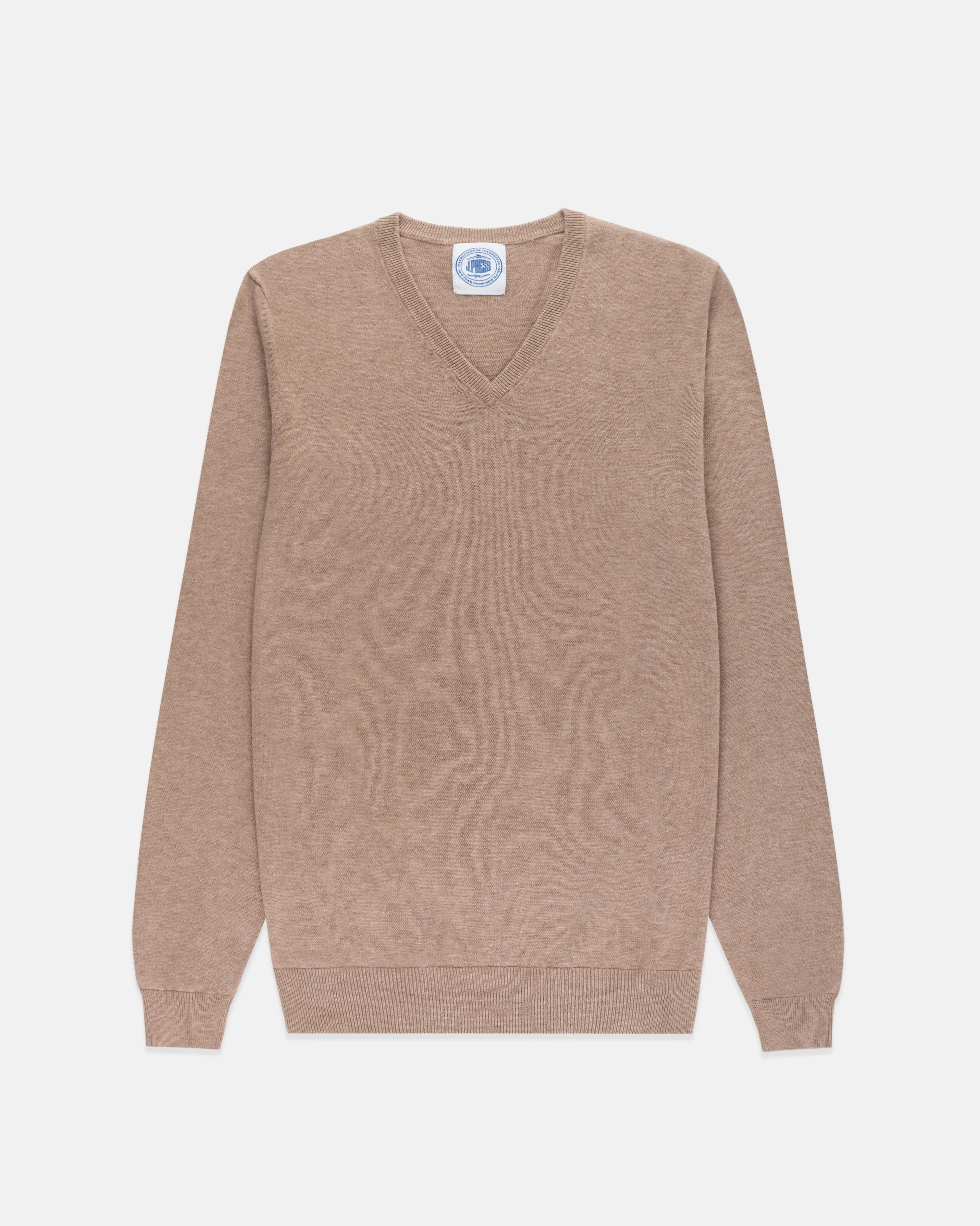 LIGHT BROWN COTTON/CASHMERE V-NECK SWEATER