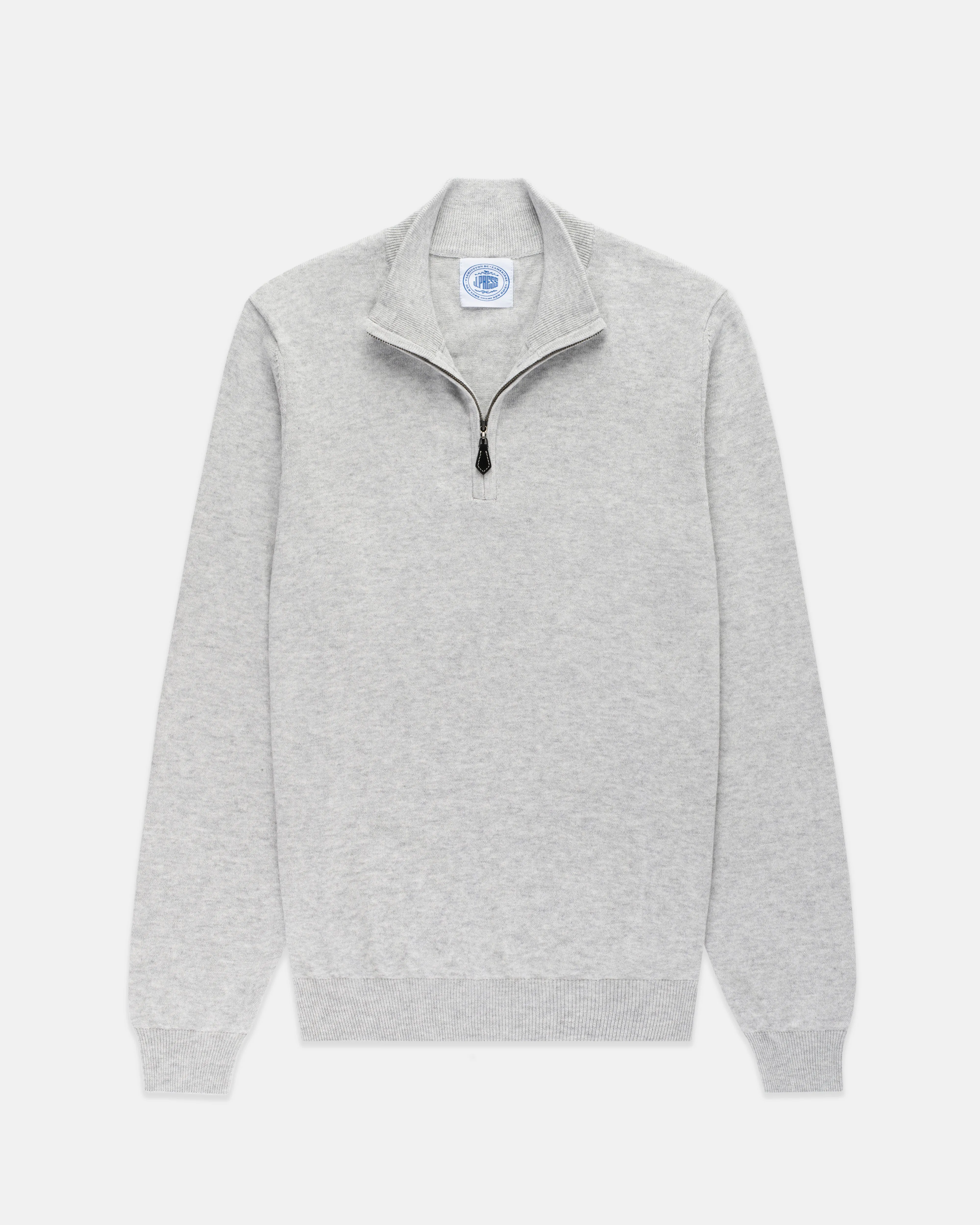 LIGHT GREY COTTON/CASHMERE QUARTER ZIP SWEATER