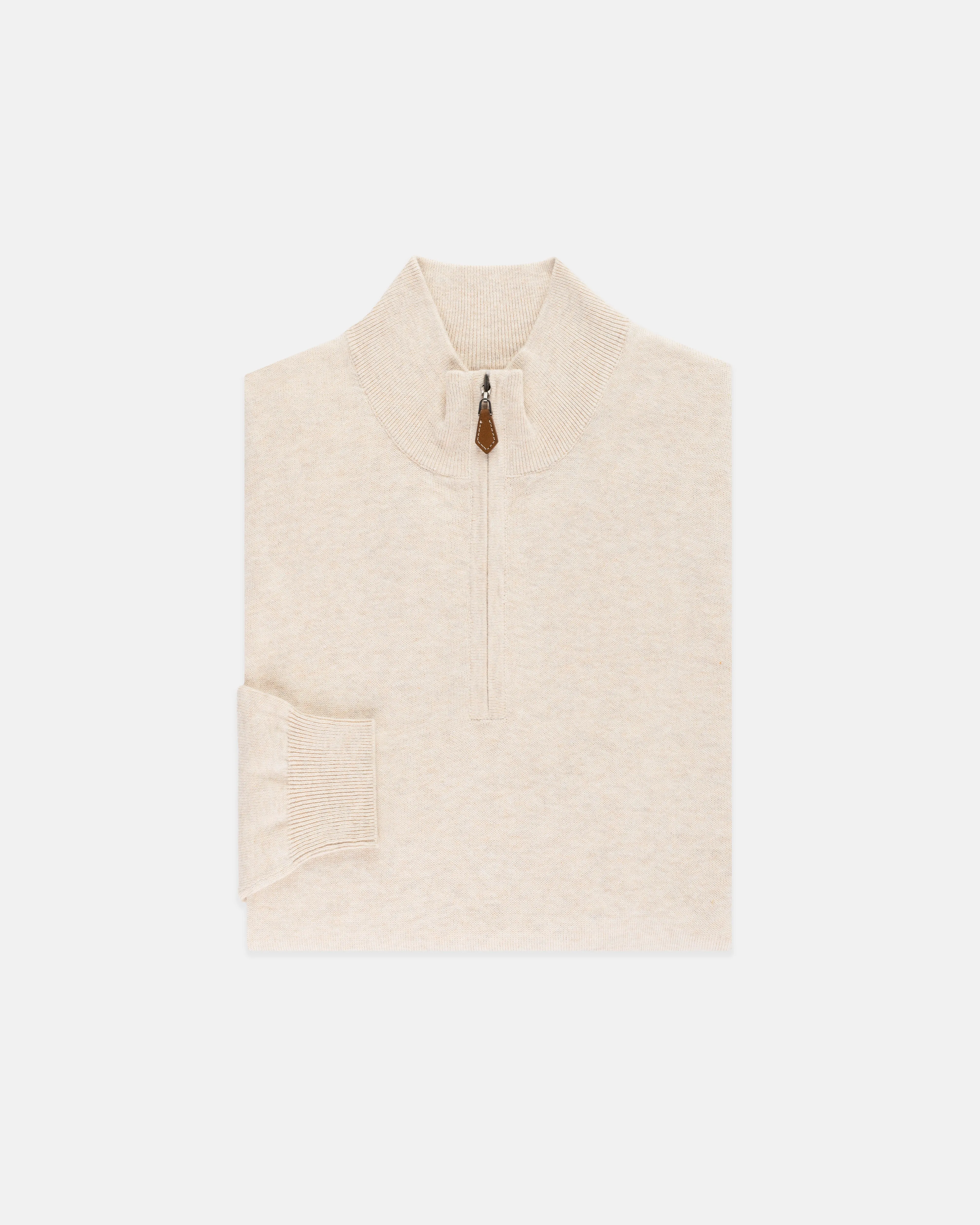 LIGHT TAN COTTON/CASHMERE QUARTER ZIP SWEATER