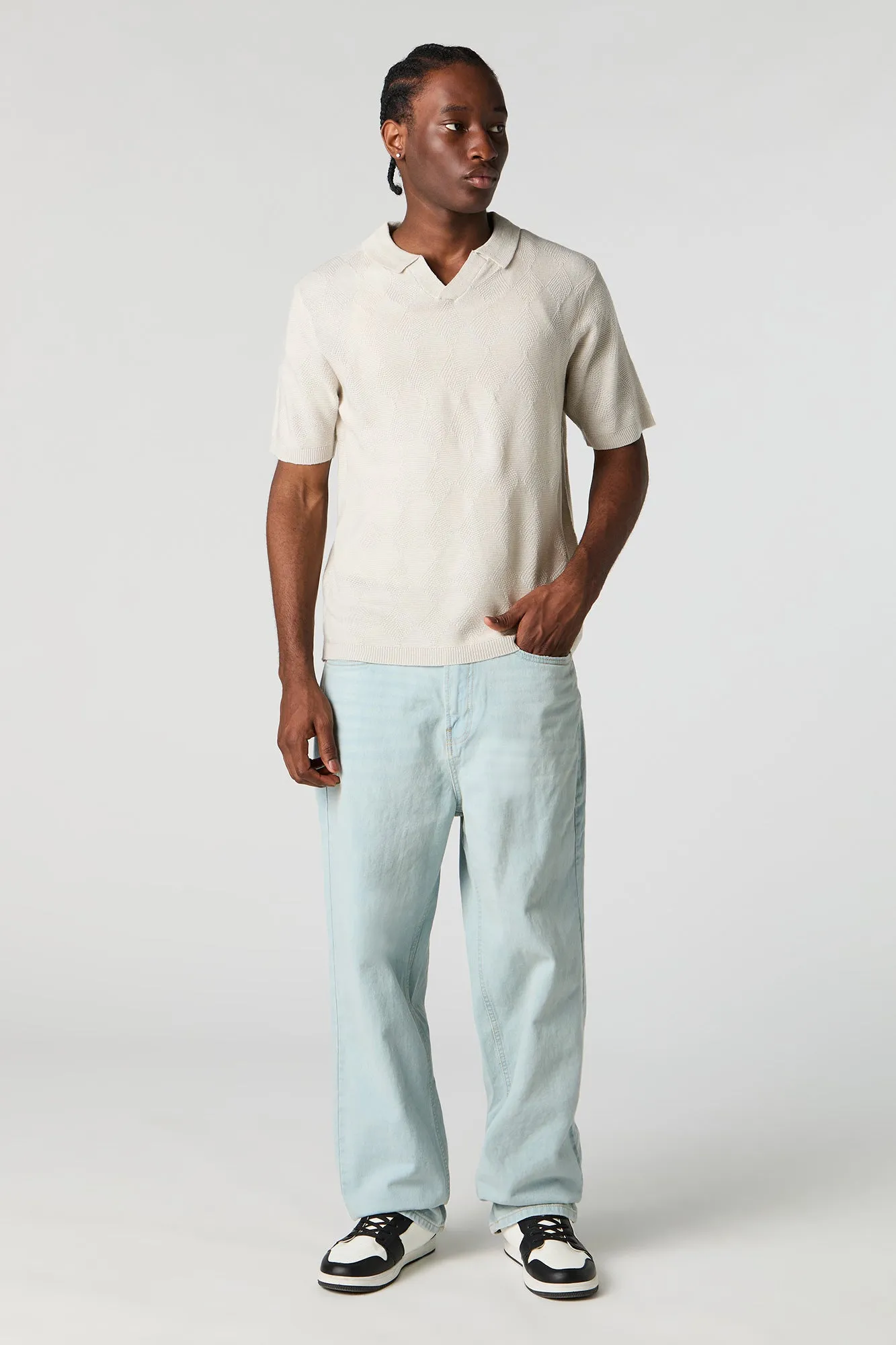 Textured Notched Short Sleeve Top