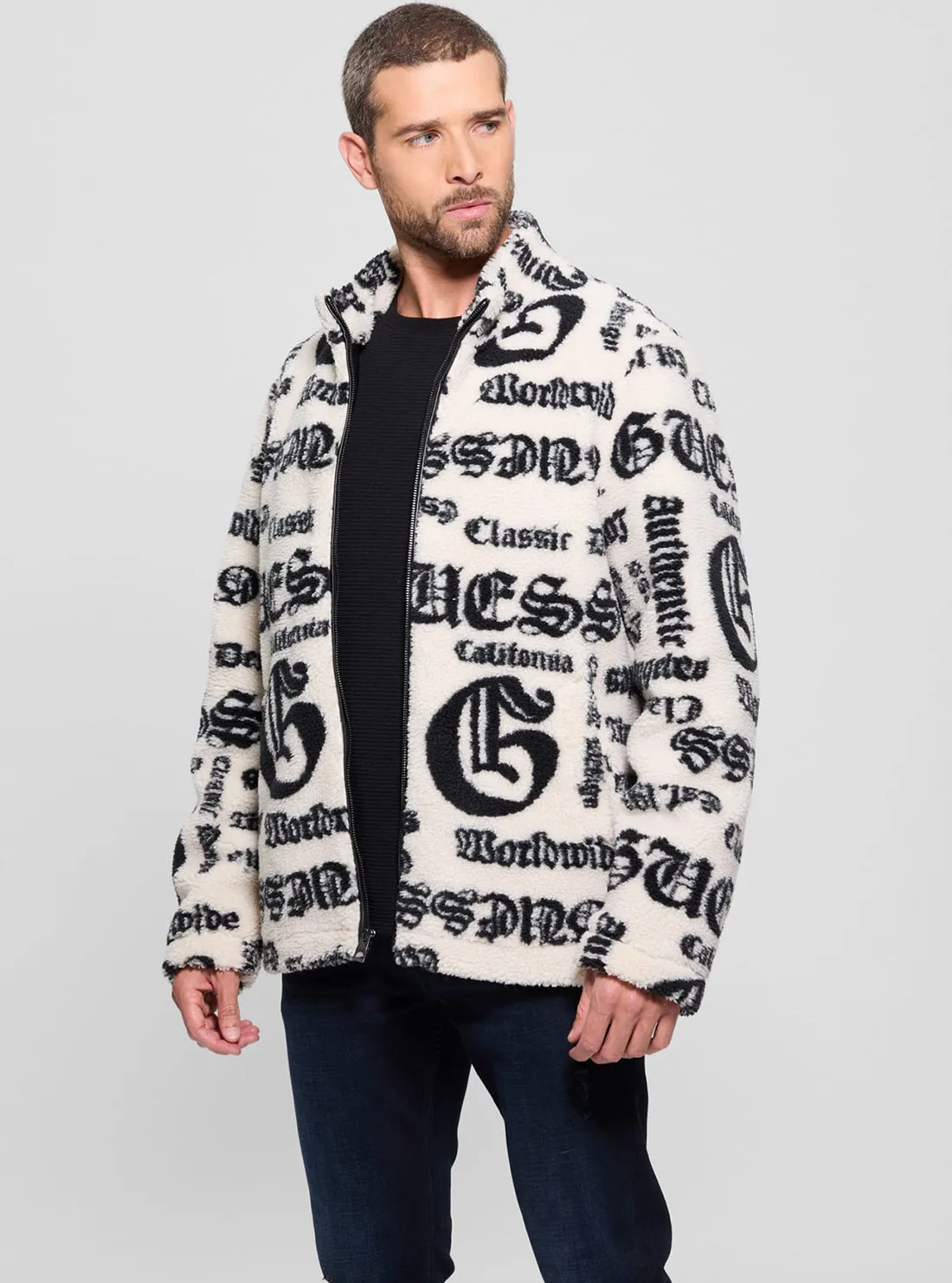 White Black Jacquard Sherpa Jacket