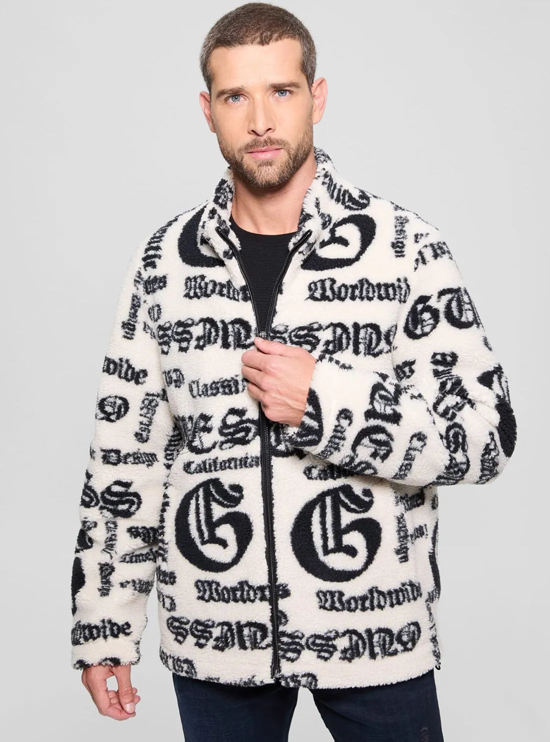 White Black Jacquard Sherpa Jacket
