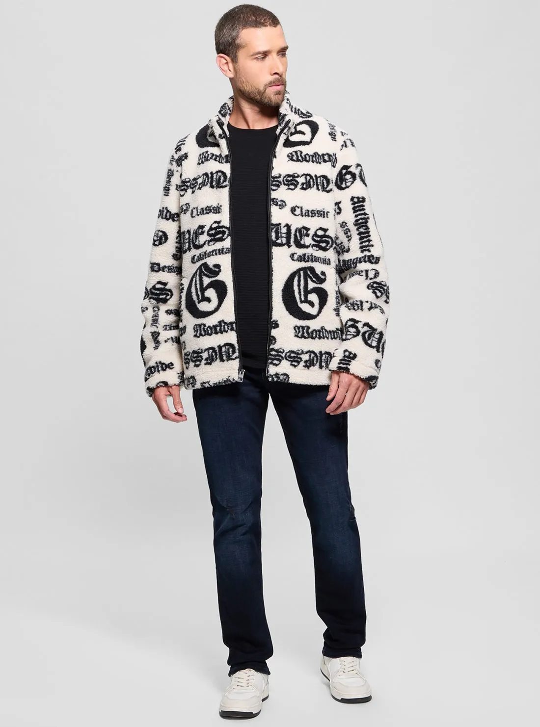 White Black Jacquard Sherpa Jacket