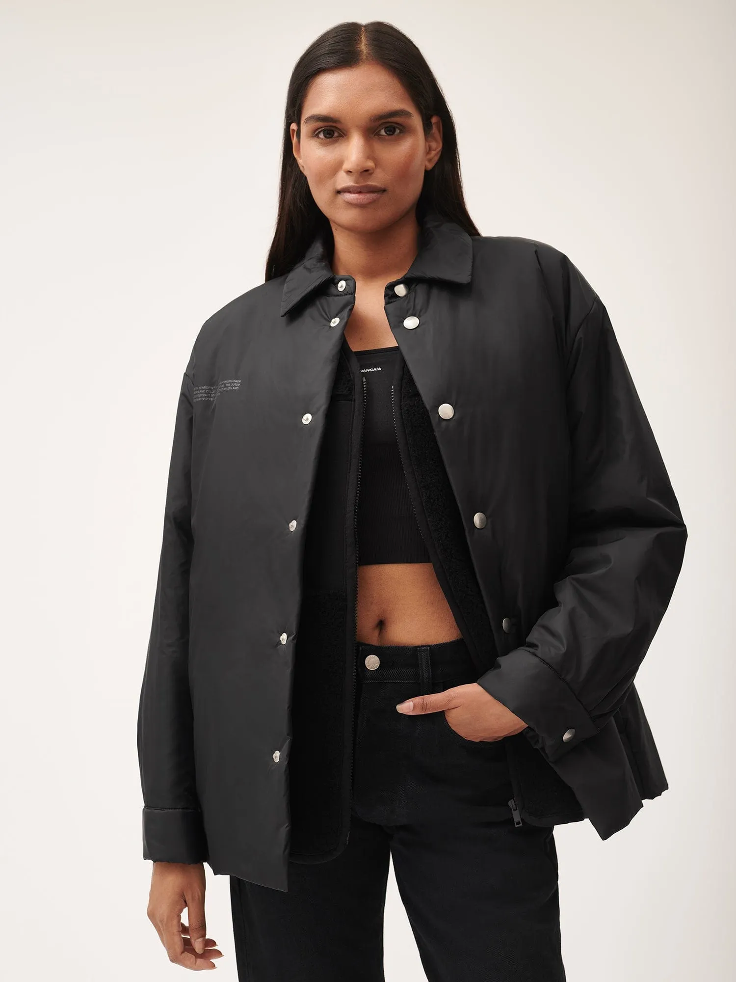 Womens Flower-Warmth Padded Overshirt—Black